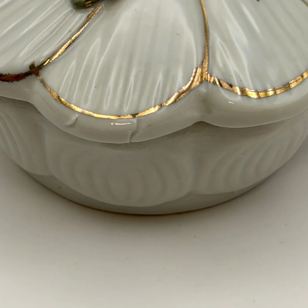 Vintage Porcelain Flower Trinket Box Gold Trim Floral Applied Rose Jewelry Dish